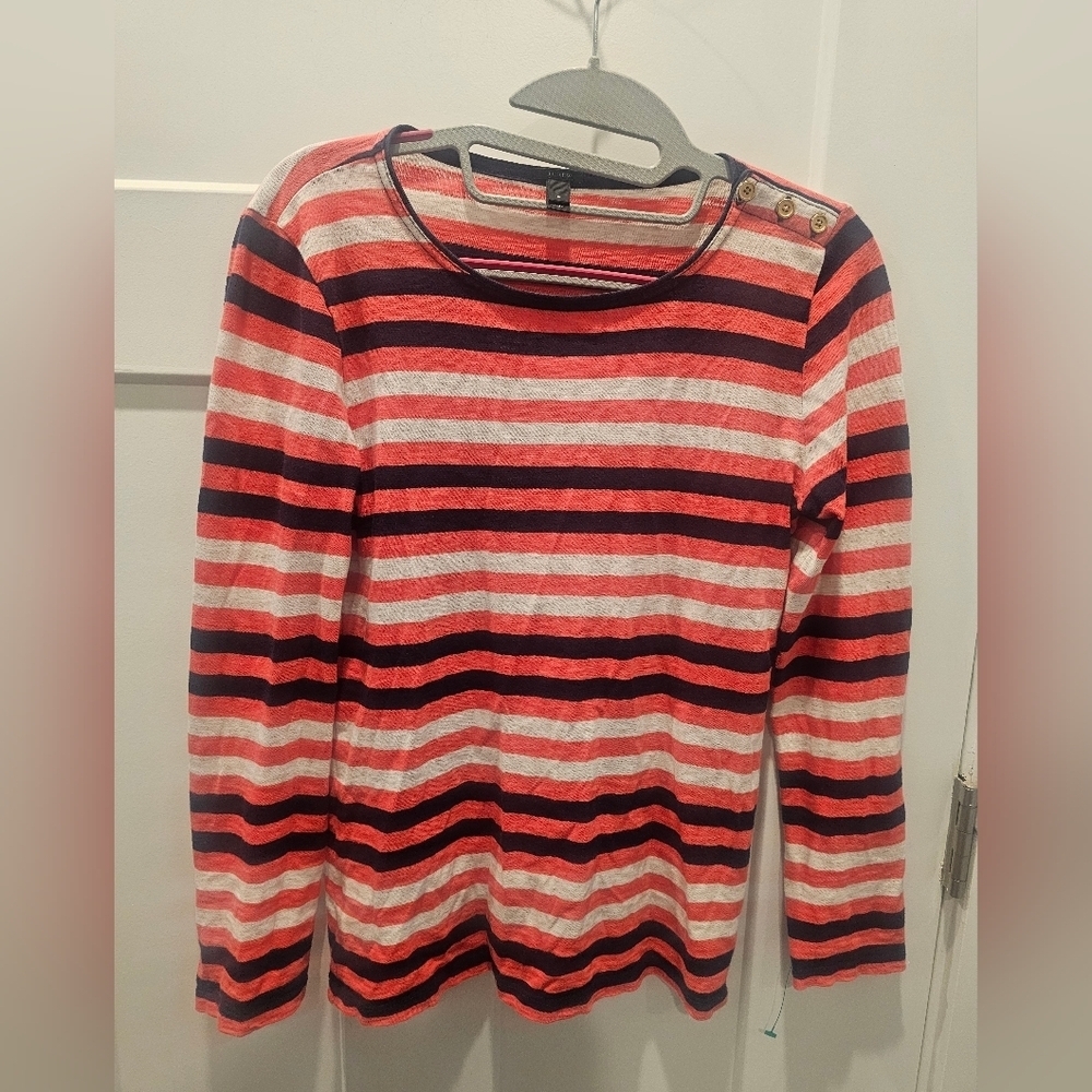 J.Crew Breton Stripe Long Sleeve Top Small Coral Navy White Gold Button Cotton